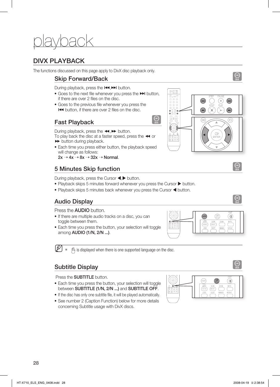 Divx playback, Playback | Samsung HT-X710 User Manual | Page 28 / 59