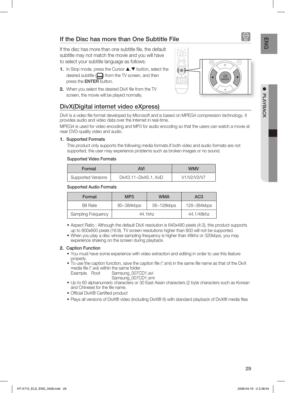 If the disc has more than one subtitle file, Divx(digital internet video express) | Samsung HT-X710 User Manual | Page 29 / 59