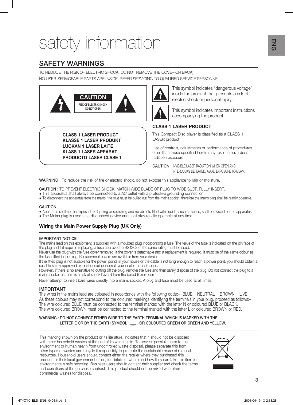 Safety information, Safety warnings, En g | Caution | Samsung HT-X710 User Manual | Page 3 / 59