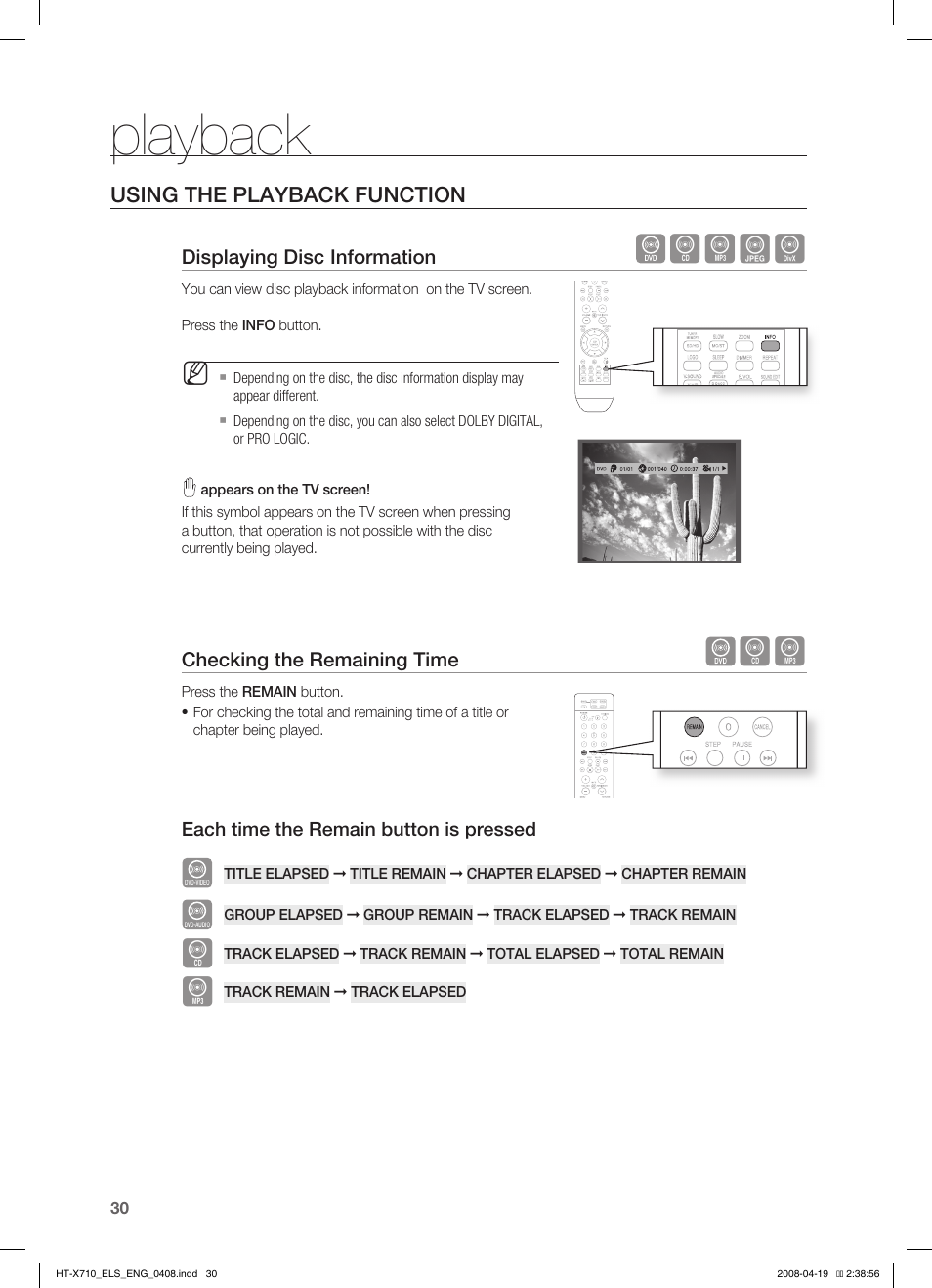 Using the playback function, Displaying disc information, Checking the remaining time | Playback, Bagd | Samsung HT-X710 User Manual | Page 30 / 59