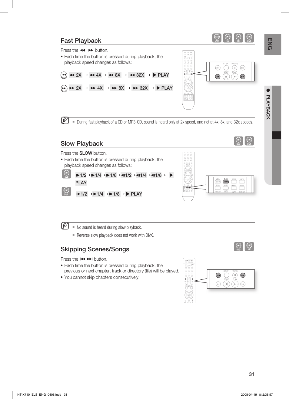 Fast playback, Slow playback, Skipping scenes/songs | Samsung HT-X710 User Manual | Page 31 / 59