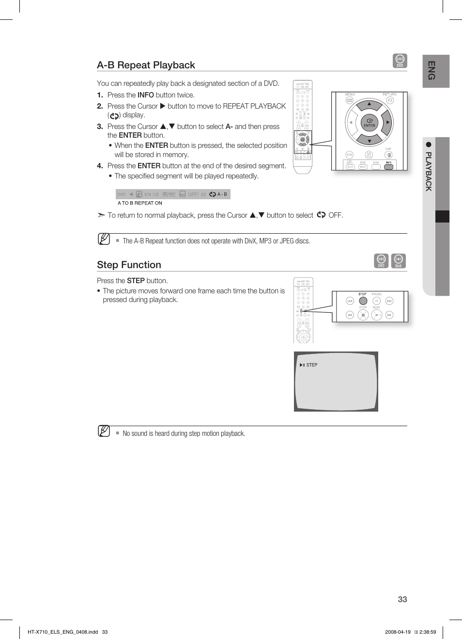 A-b repeat playback, Step function | Samsung HT-X710 User Manual | Page 33 / 59