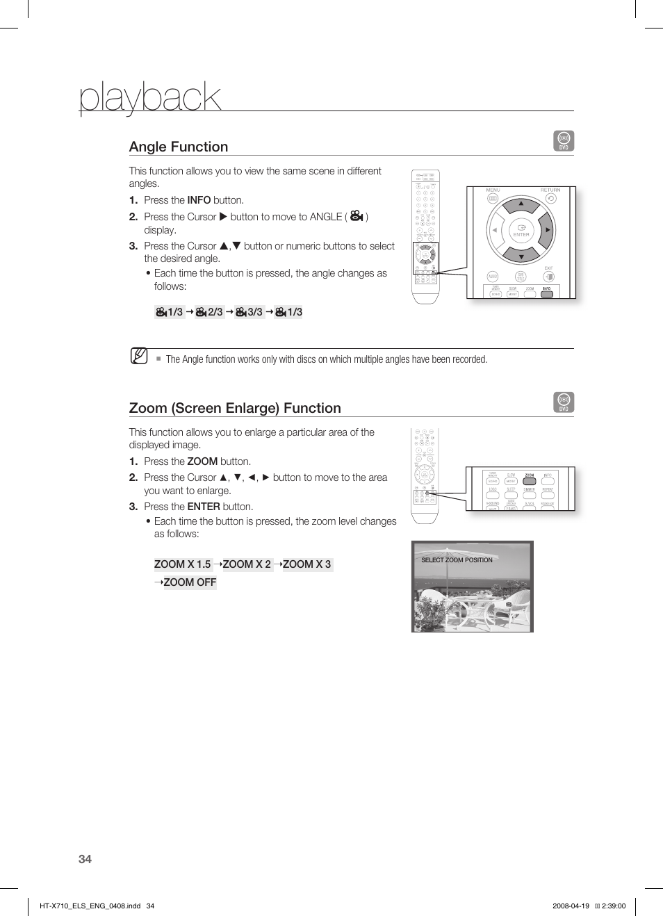 Angle function, Zoom (screen enlarge) function, Playback | Samsung HT-X710 User Manual | Page 34 / 59