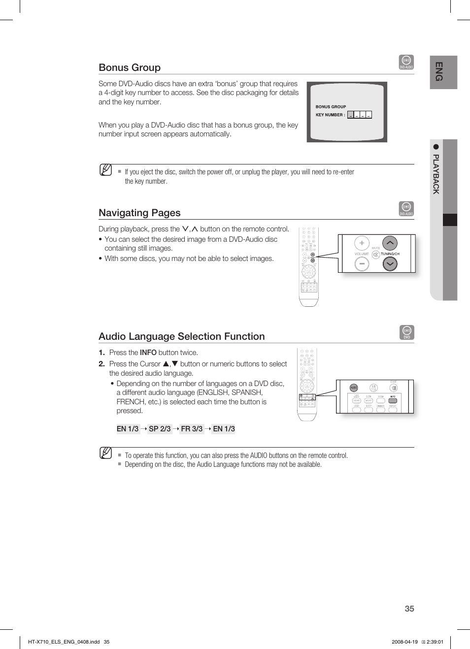 Bonus group, Audio language selection function, Navigating pages | Samsung HT-X710 User Manual | Page 35 / 59