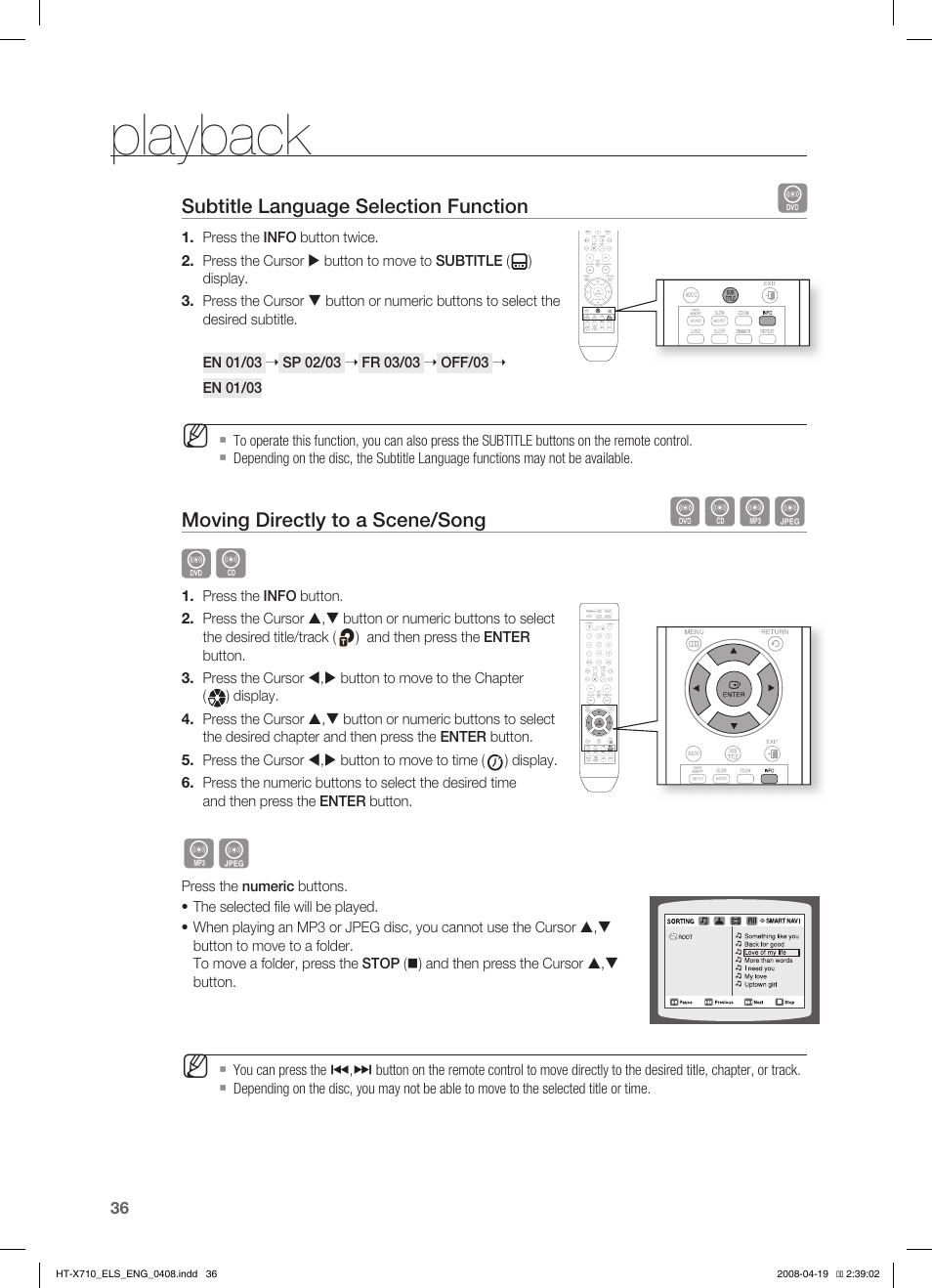 Subtitle language selection function, Moving directly to a scene/song, Playback | Bag b | Samsung HT-X710 User Manual | Page 36 / 59