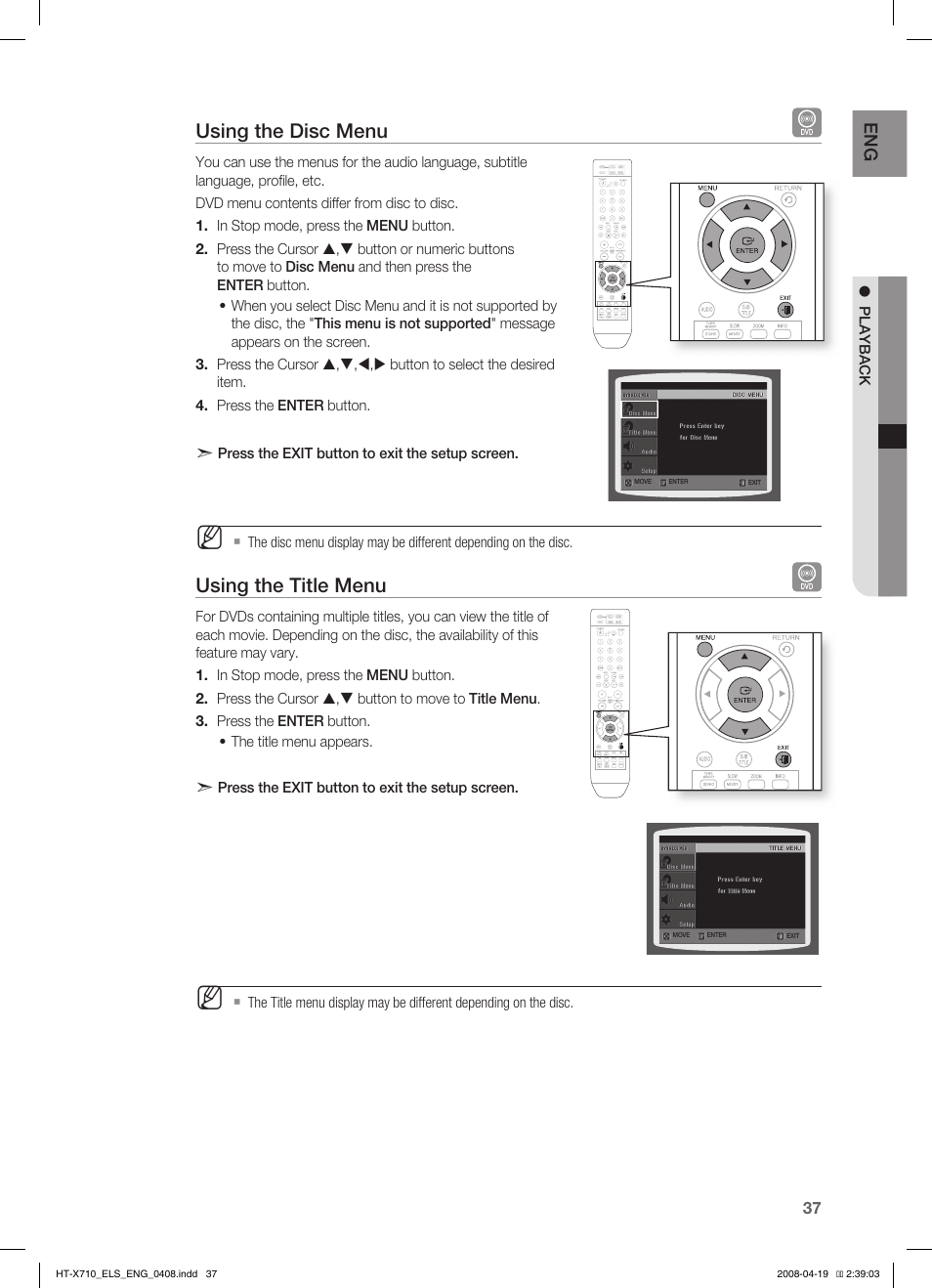 Using the disc menu, Using the title menu | Samsung HT-X710 User Manual | Page 37 / 59