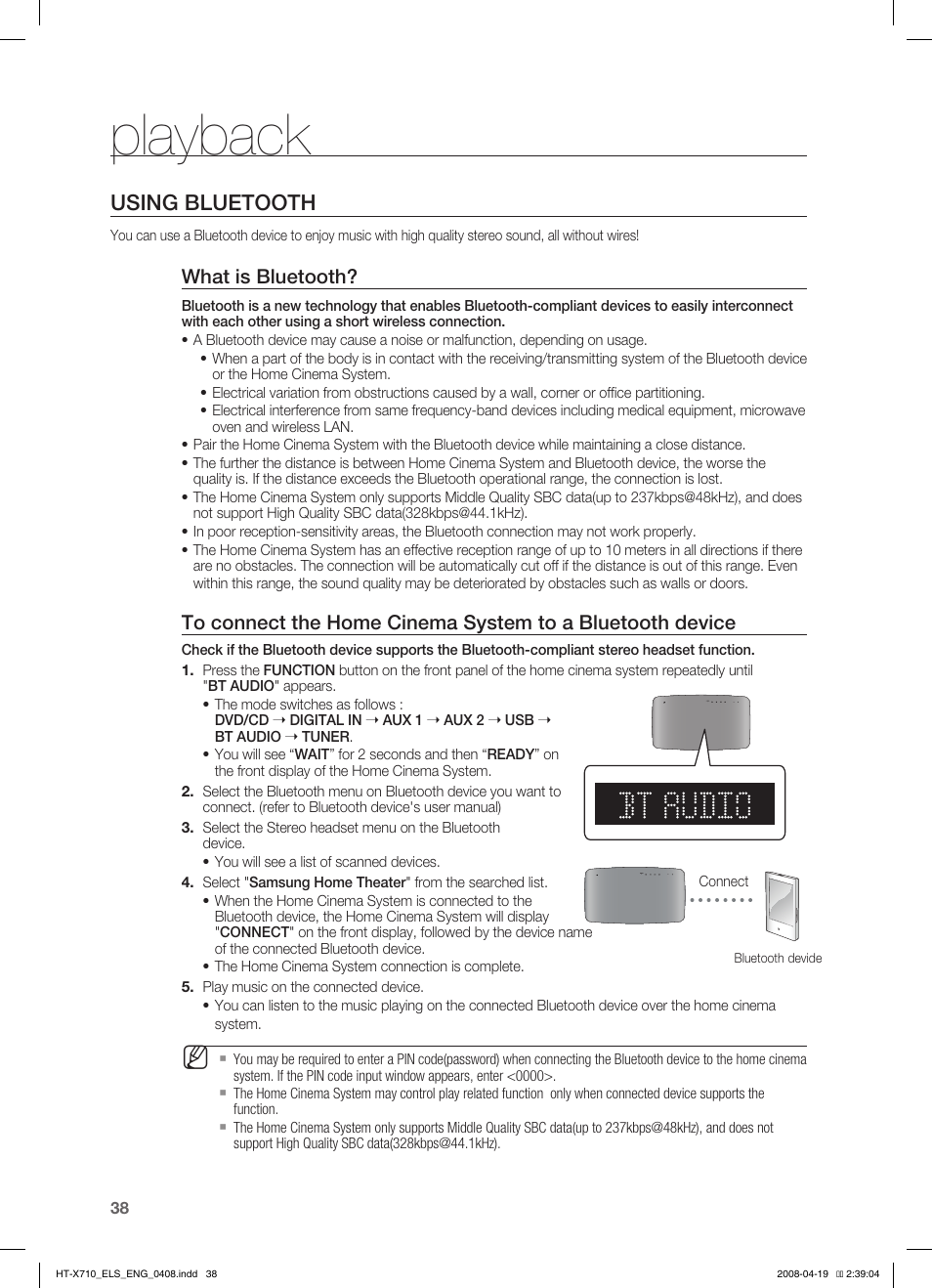 Using bluetooth, Playback, What is bluetooth | Samsung HT-X710 User Manual | Page 38 / 59