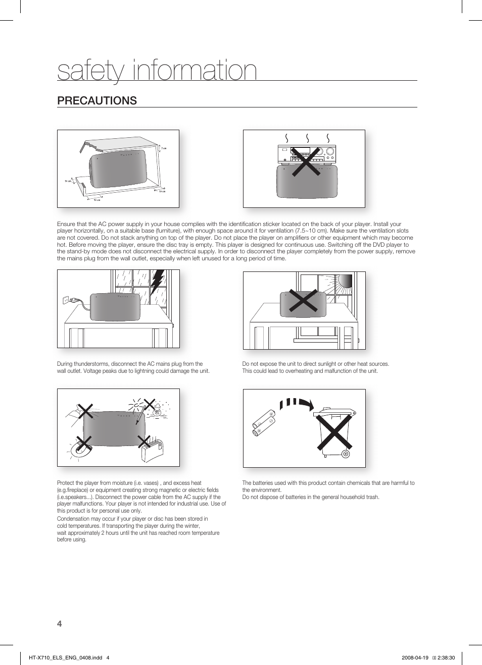 Safety information, Precautions | Samsung HT-X710 User Manual | Page 4 / 59