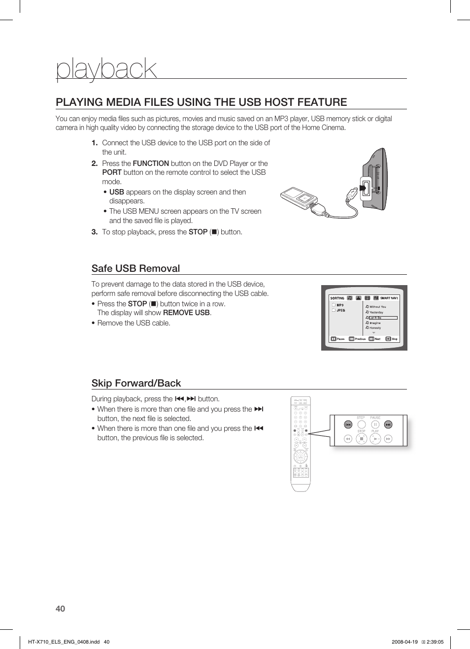 Playing media files using the usb host feature, Playback | Samsung HT-X710 User Manual | Page 40 / 59