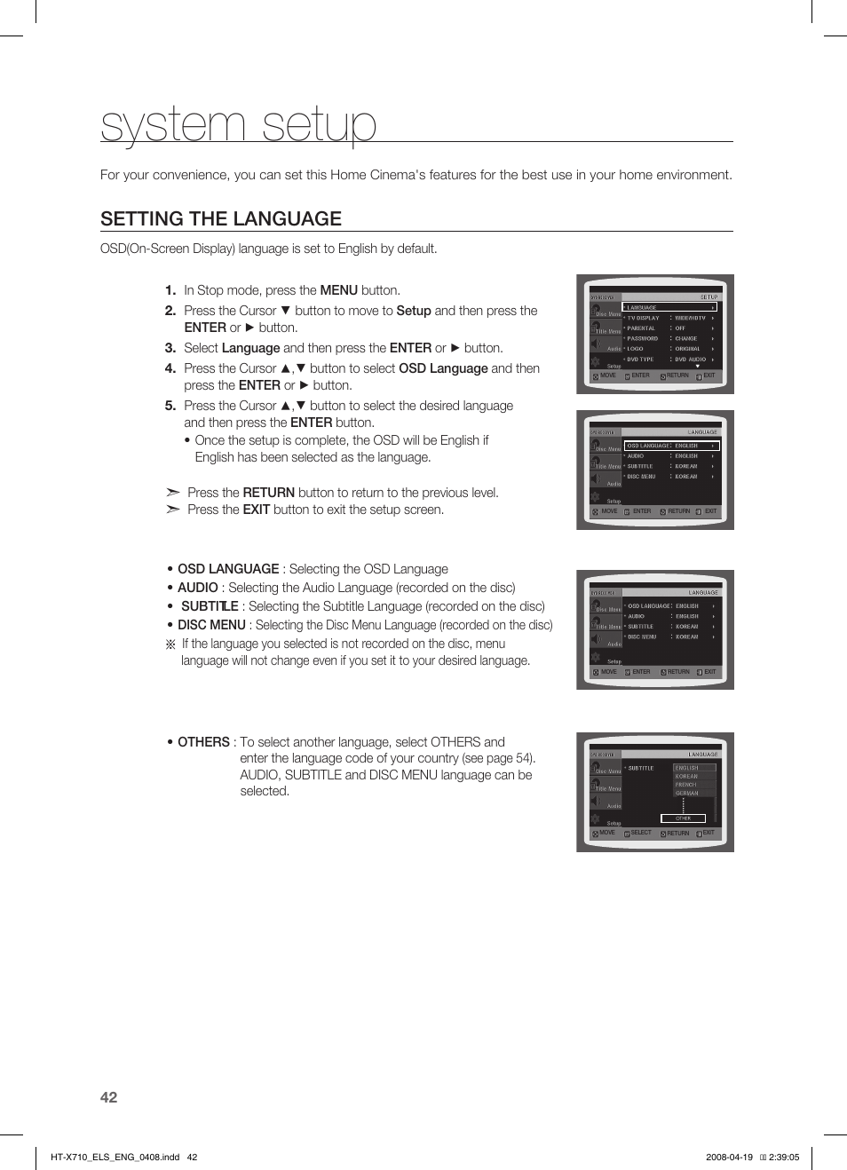 System setup, Seting the language, Setting the language | Samsung HT-X710 User Manual | Page 42 / 59