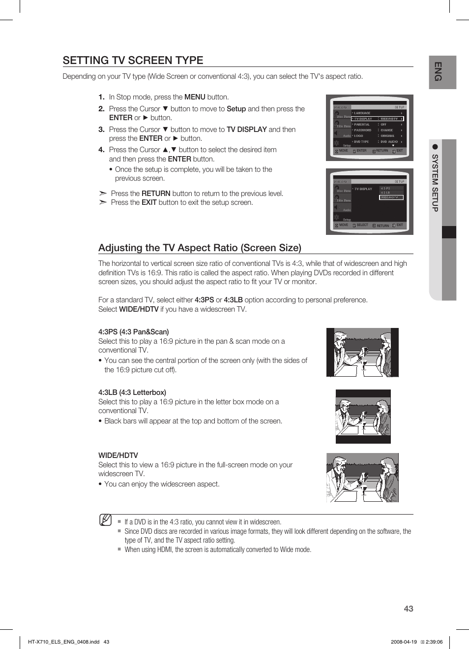 Seting tv screen type, Adjusting the tv aspect ratio (screen size), Setting tv screen type | En g | Samsung HT-X710 User Manual | Page 43 / 59