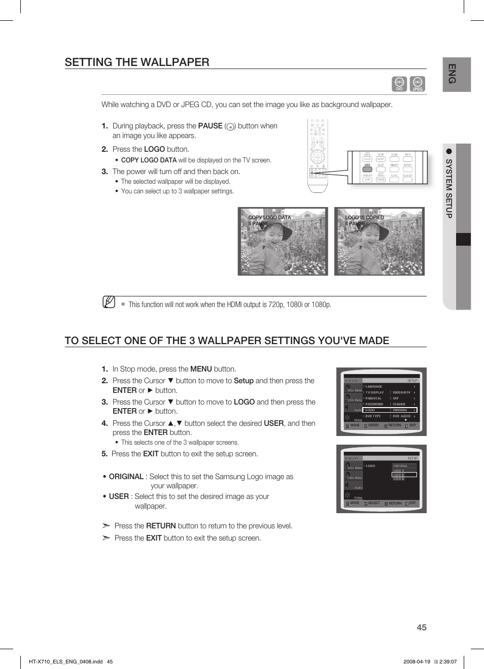 Setting the wallpaper | Samsung HT-X710 User Manual | Page 45 / 59
