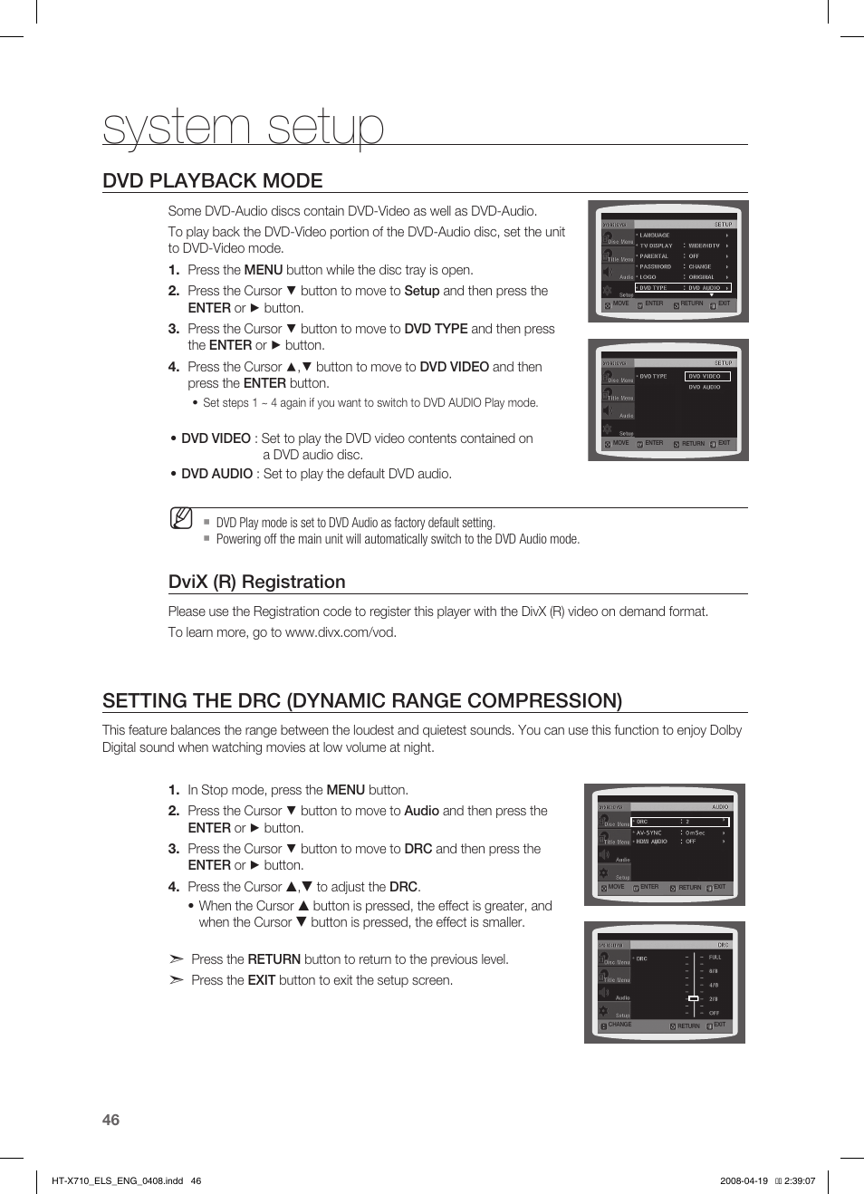 Dvd playback mode, Seting the drc (dynamic range compresion), System setup | Setting the drc (dynamic range compression), Dvix (r) registration | Samsung HT-X710 User Manual | Page 46 / 59
