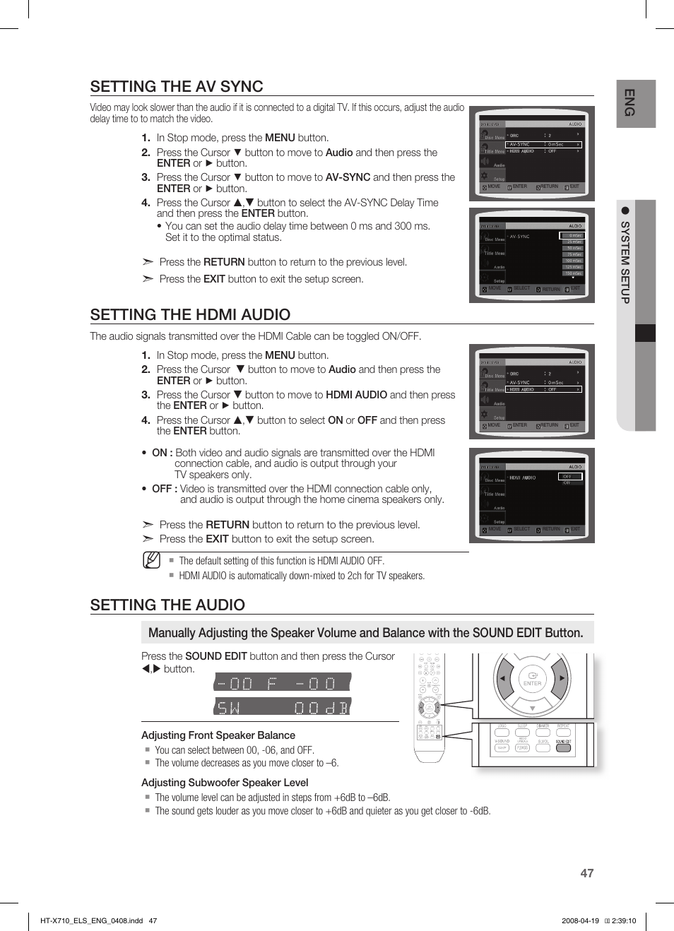 Setting the av sync, Setting the hdmi audio, Setting the audio | Samsung HT-X710 User Manual | Page 47 / 59