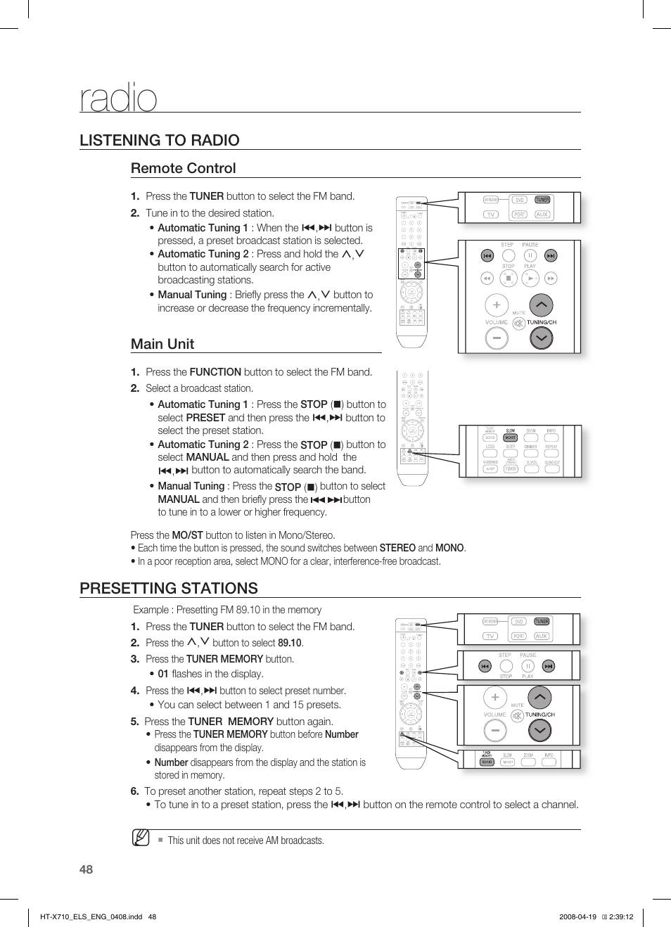 Radio, Listening to radio, Presetting stations | Remote control, Main unit | Samsung HT-X710 User Manual | Page 48 / 59