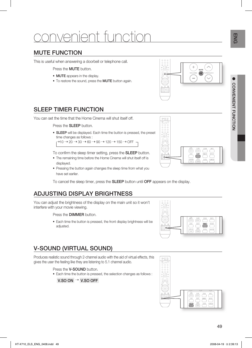 Convenient function, Mute function, Sleep timer function | Adjusting display brightness, V-sound (virtual sound) | Samsung HT-X710 User Manual | Page 49 / 59
