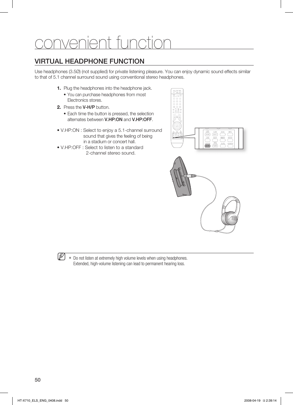 Virtual headphone function, Convenient function | Samsung HT-X710 User Manual | Page 50 / 59