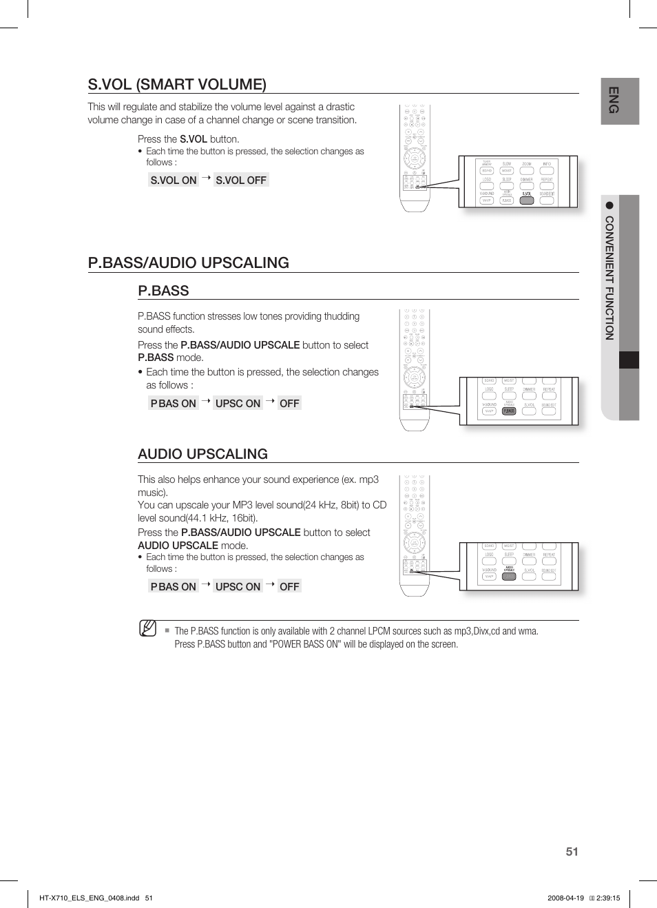 S.vol (smart volume), P.bass/audio upscaling, P.bass | Audio upscaling | Samsung HT-X710 User Manual | Page 51 / 59
