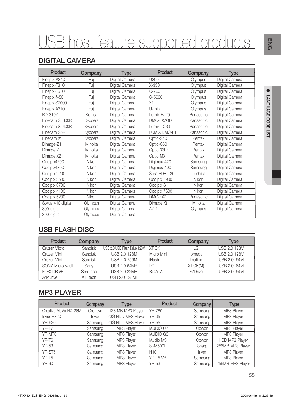 Usb host feature supported products, Digital camera, Usb flash disc | Mp3 player | Samsung HT-X710 User Manual | Page 55 / 59