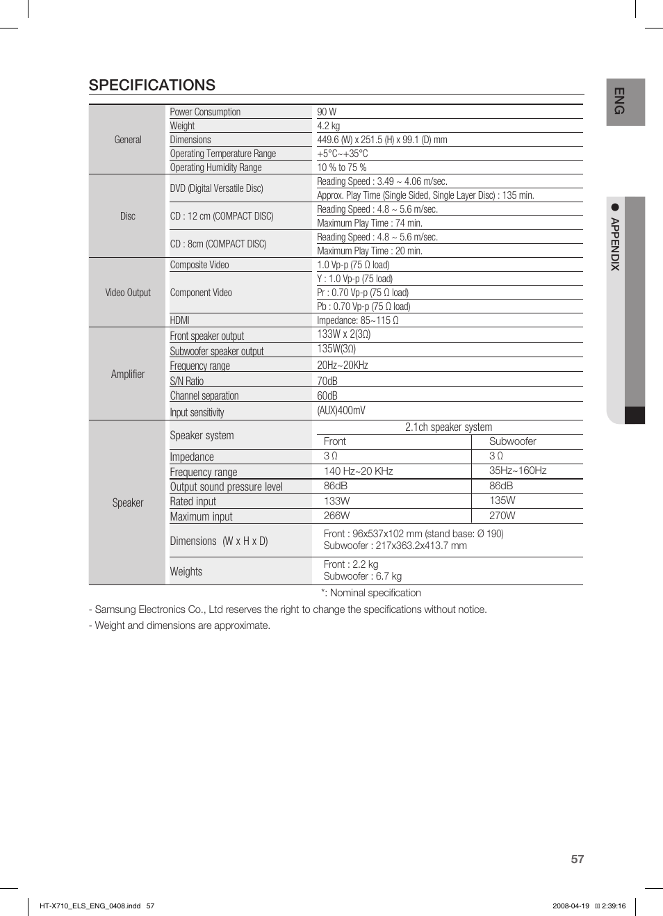 Specifications | Samsung HT-X710 User Manual | Page 57 / 59