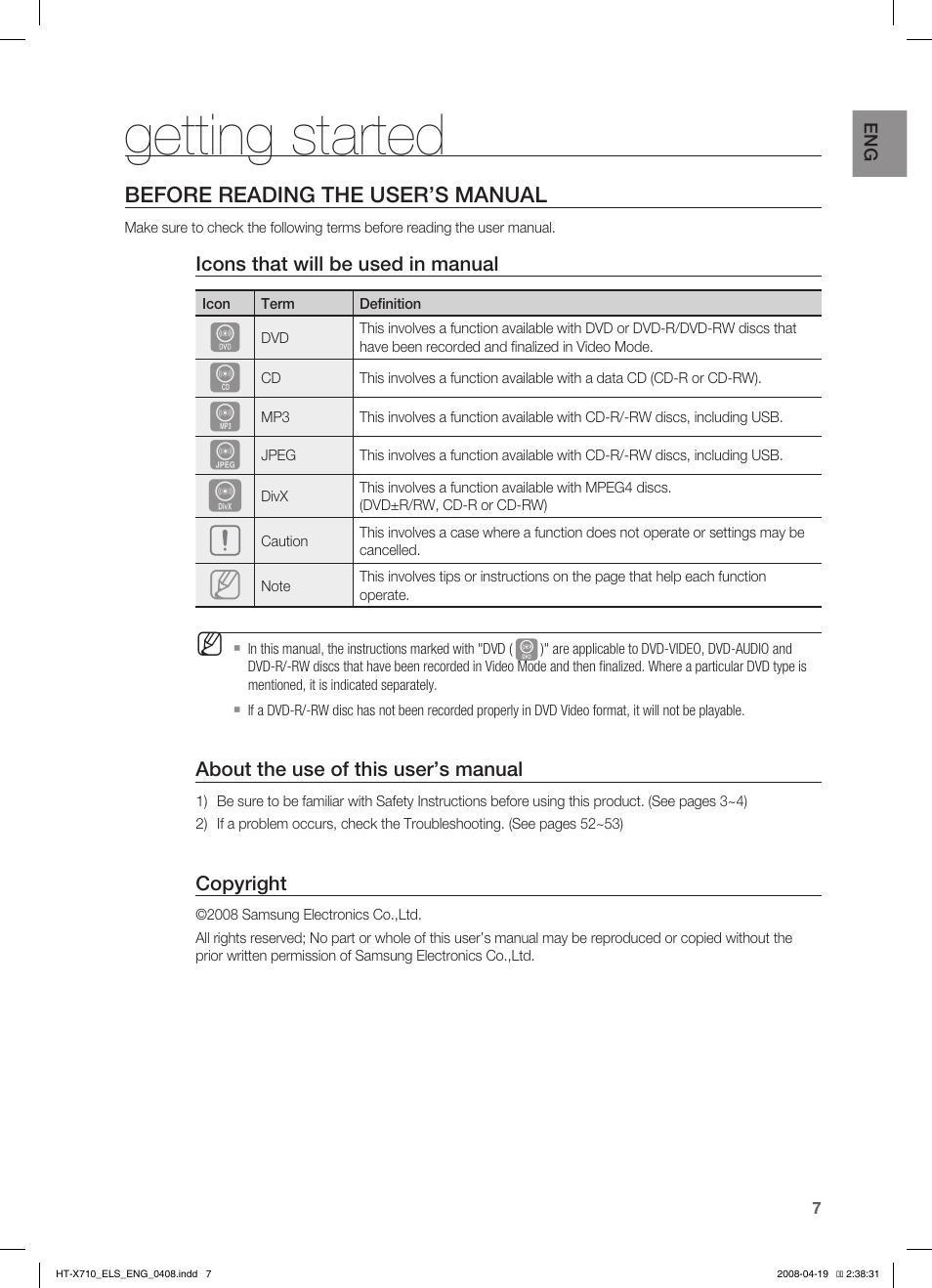 Getting started, Before reading the user’s manual | Samsung HT-X710 User Manual | Page 7 / 59