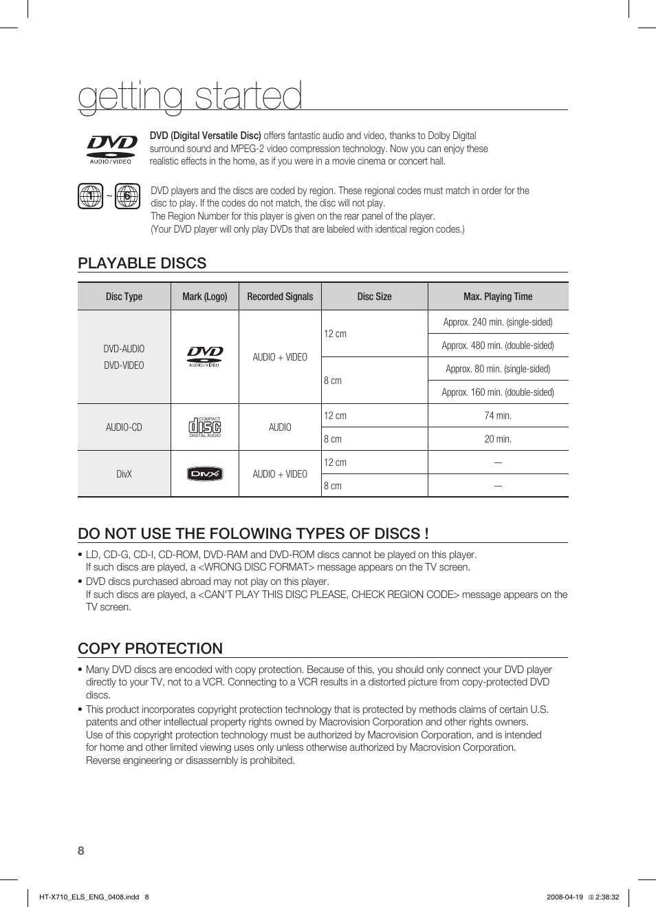 Playable discs, Getting started, Do not use the folowing types of discs | Copy protection | Samsung HT-X710 User Manual | Page 8 / 59