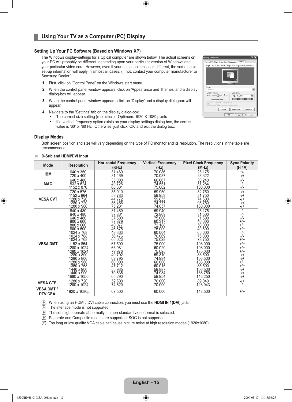 Using your tv as a computer (pc) display | Samsung BN68-01983A-00 User Manual | Page 17 / 32