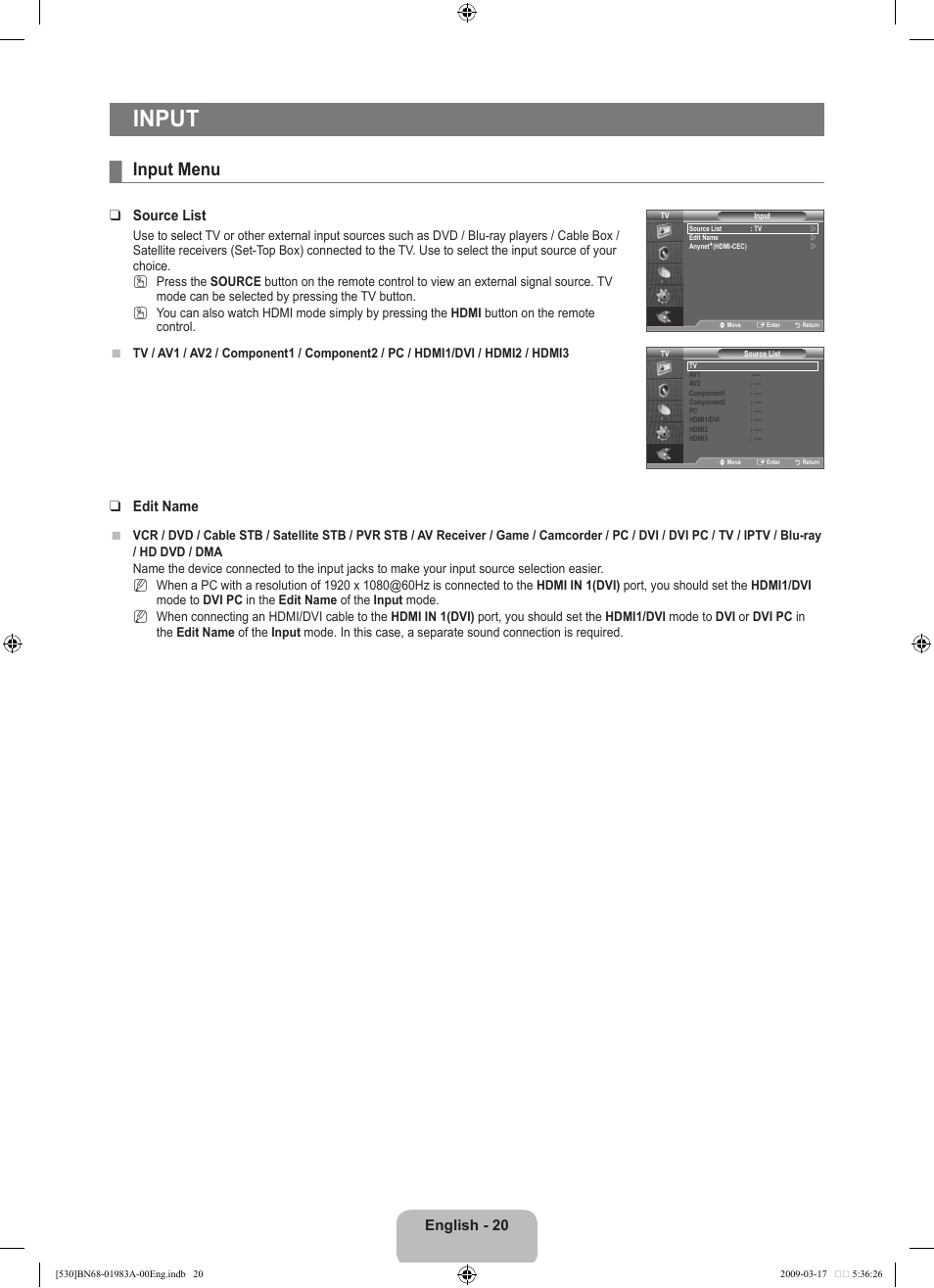 Input, Input menu, English - 0 | Source list, Edit name | Samsung BN68-01983A-00 User Manual | Page 22 / 32