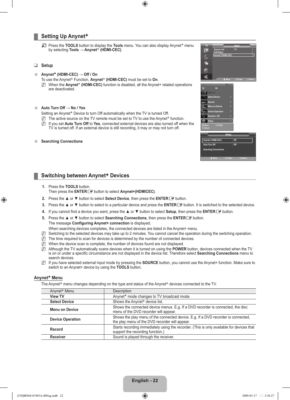 Setting up anynet, Switching between anynet+ devices, English | Setup, Anynet+ menu | Samsung BN68-01983A-00 User Manual | Page 24 / 32