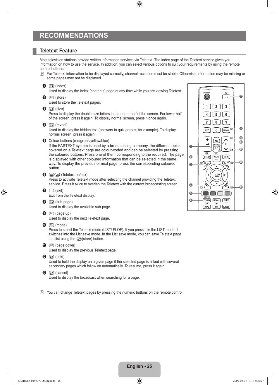 Recommendations, Teletext feature | Samsung BN68-01983A-00 User Manual | Page 27 / 32