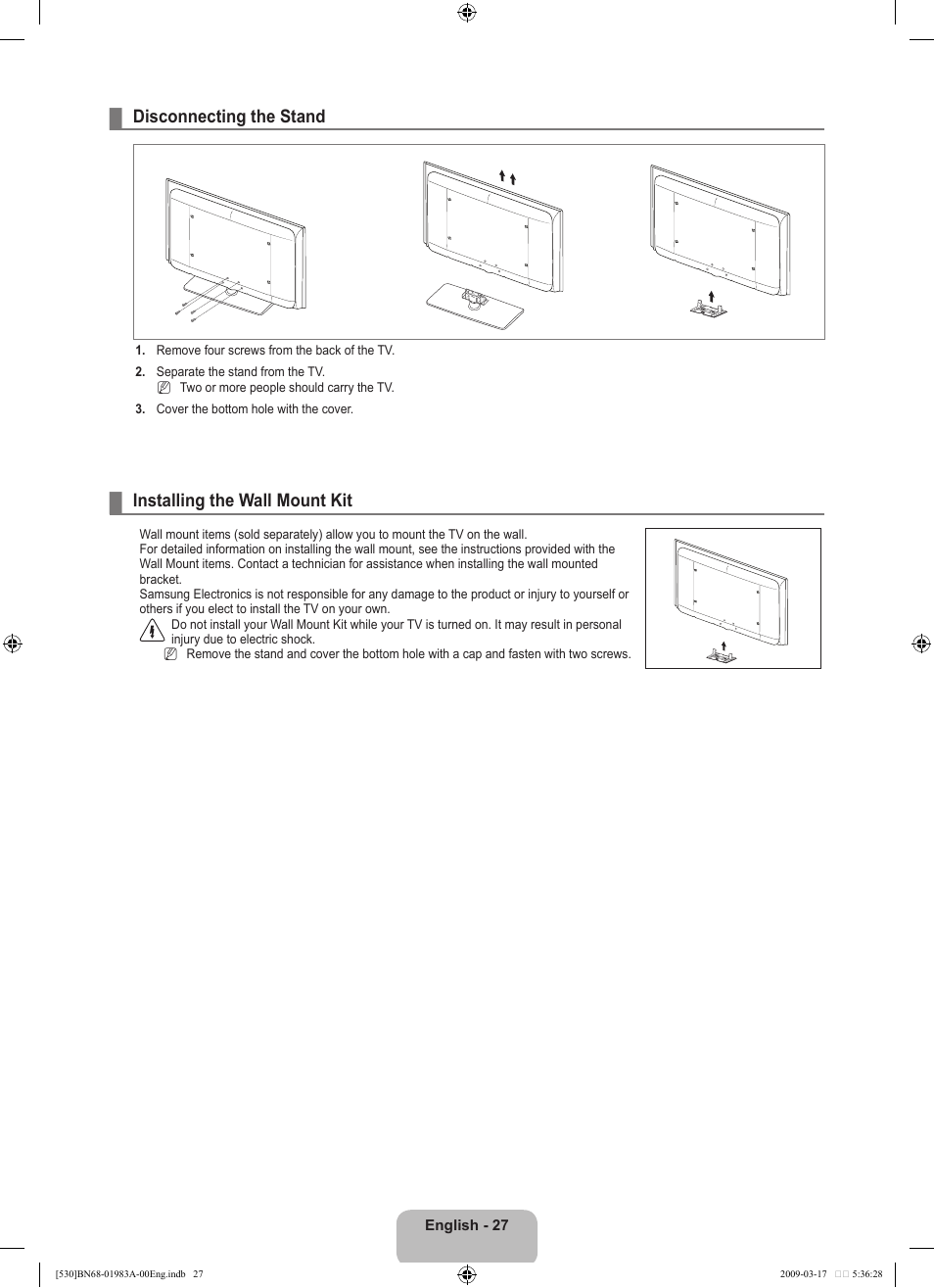 Disconnecting the stand, Installing the wall mount kit | Samsung BN68-01983A-00 User Manual | Page 29 / 32