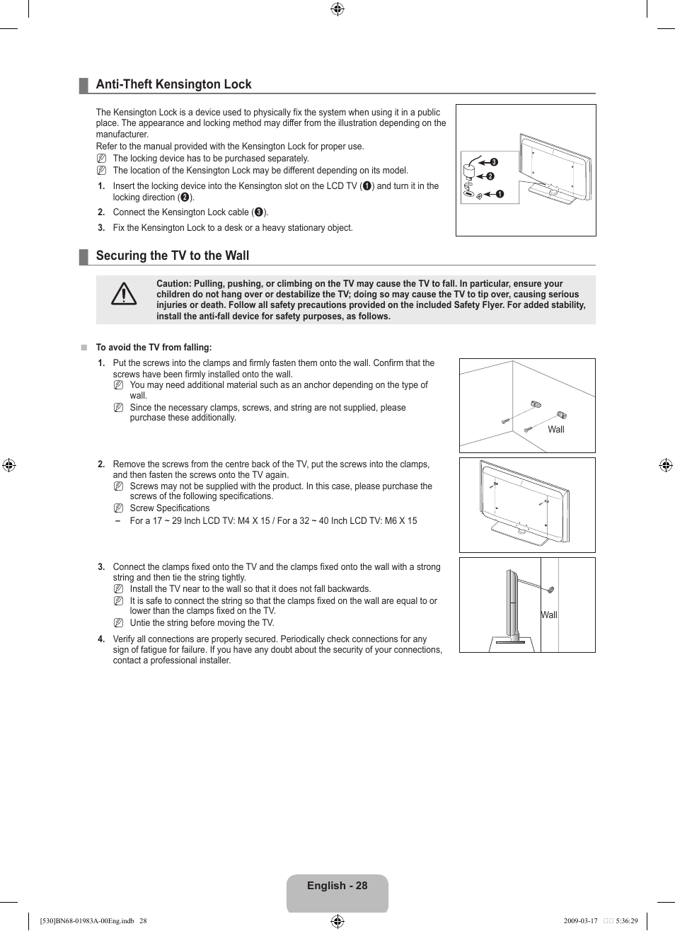 Anti-theft kensington lock, Securing the tv to the wall | Samsung BN68-01983A-00 User Manual | Page 30 / 32