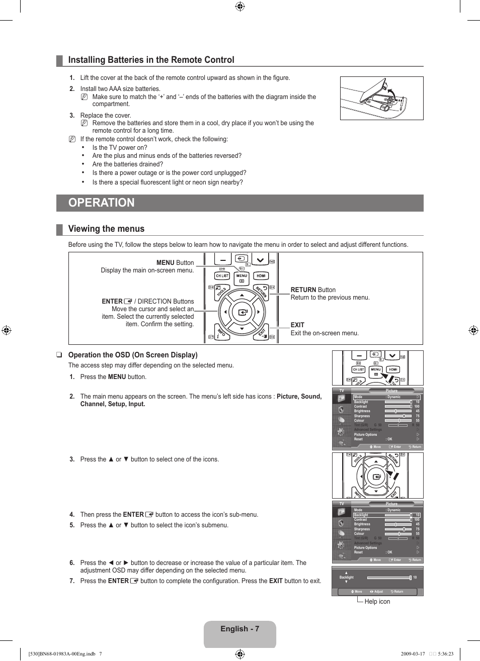 Operation, Installing batteries in the remote control, Viewing the menus | English, Operation the osd (on screen display) | Samsung BN68-01983A-00 User Manual | Page 9 / 32