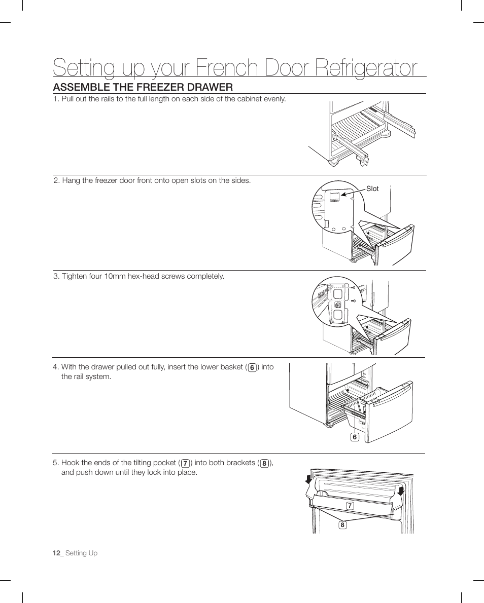 Assemble the frezer drawer, Setting up your french door refrigerator, Assemble the freezer drawer | Samsung RF266 User Manual | Page 12 / 40