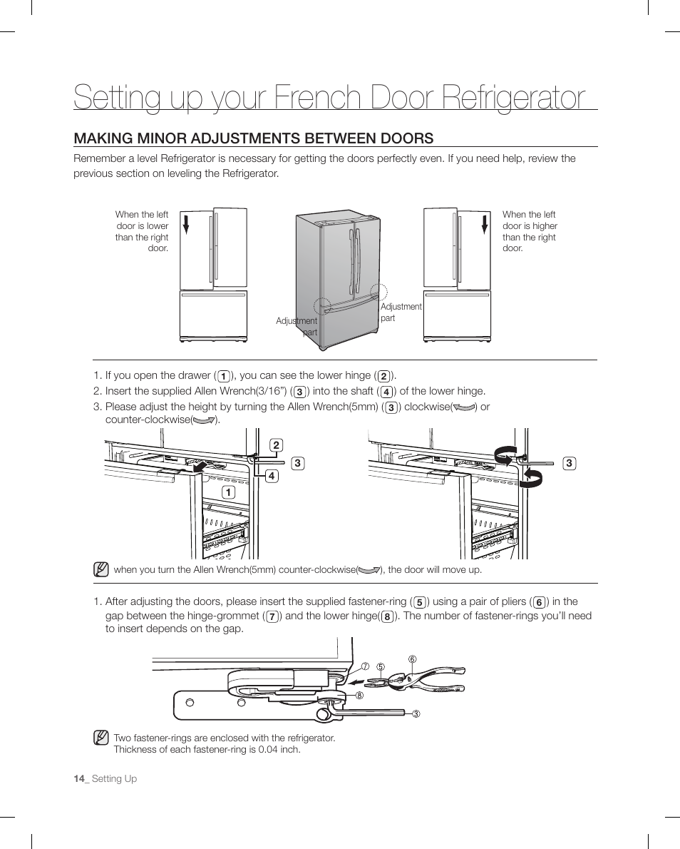 Making minor adjustments between doors, Setting up your french door refrigerator | Samsung RF266 User Manual | Page 14 / 40