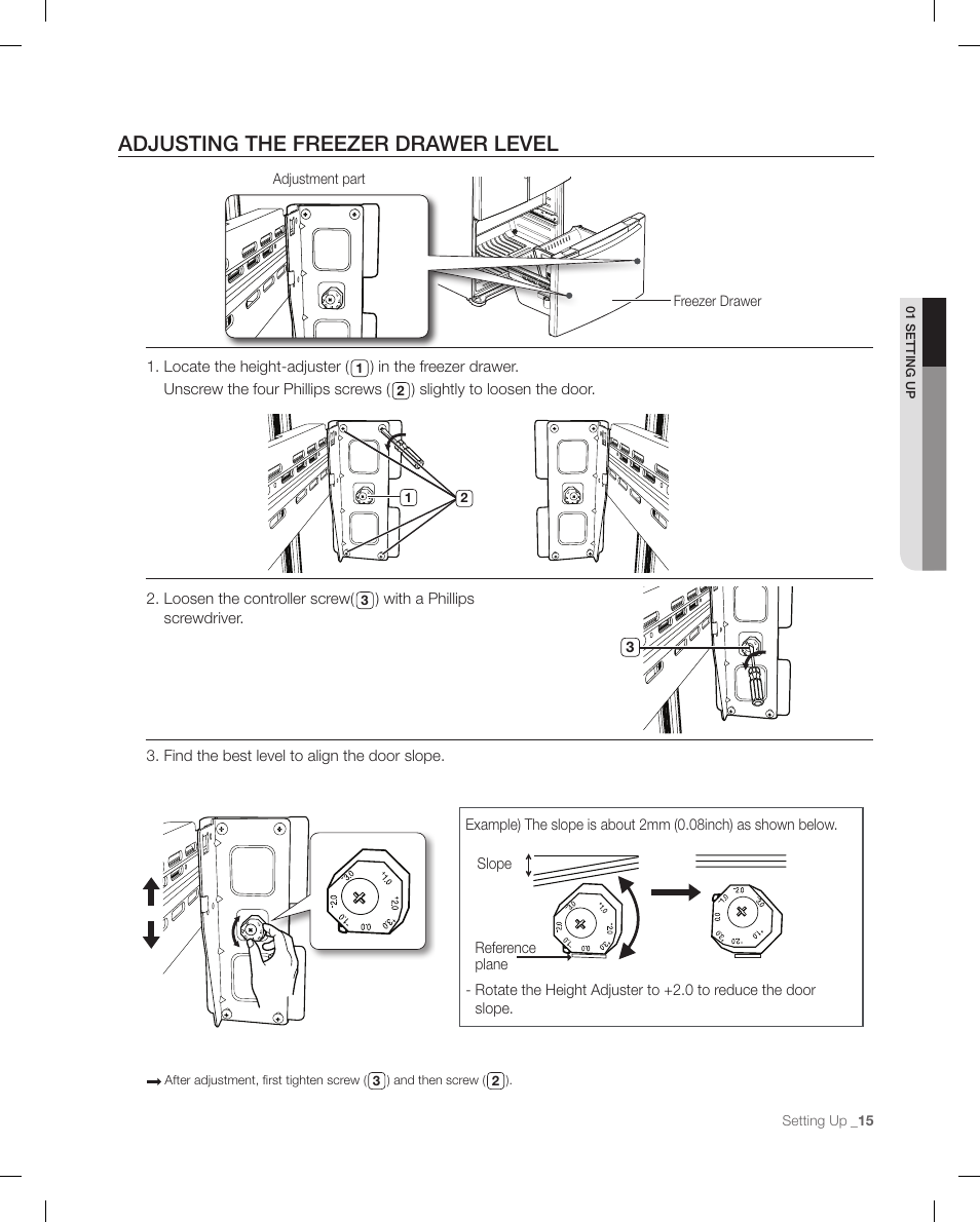 Adjusting the freezer draw er level, Adjusting the freezer drawer level | Samsung RF266 User Manual | Page 15 / 40