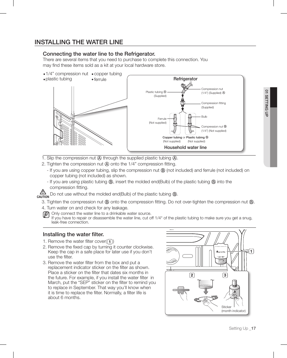 Insta lling the wat er line, Installing the water line, Connecting the water line to the refrigerator | Installing the water filter | Samsung RF266 User Manual | Page 17 / 40