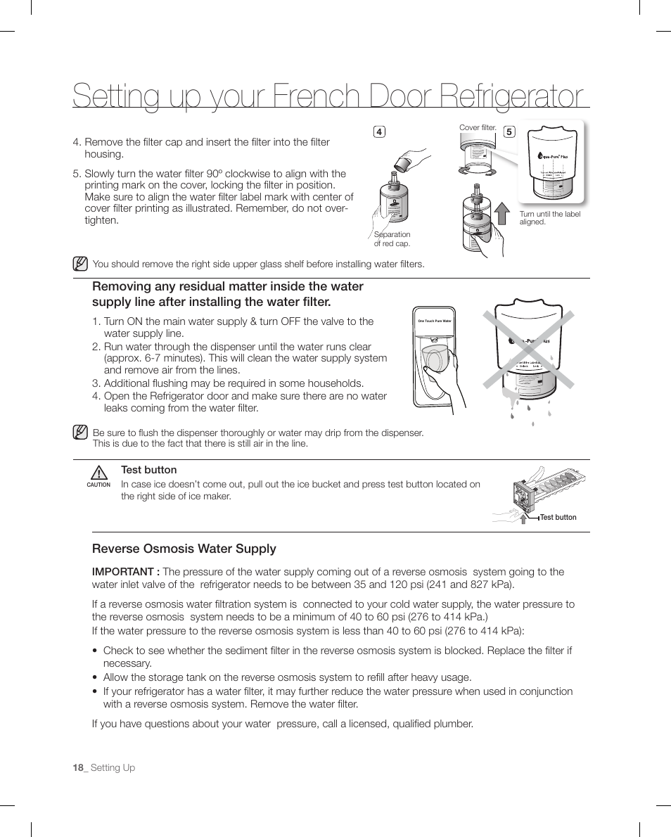 Setting up your french door refrigerator, Reverse osmosis water supply | Samsung RF266 User Manual | Page 18 / 40