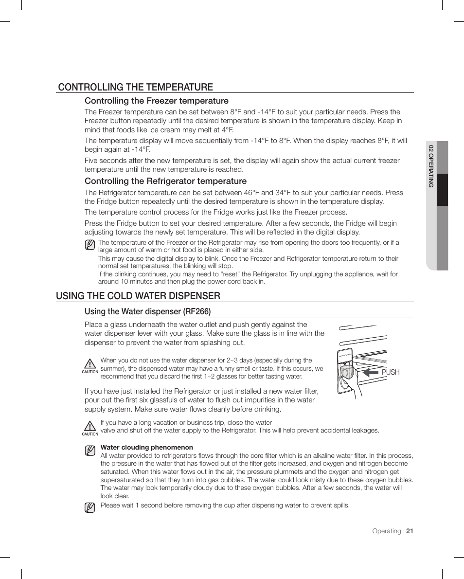 Controlling the temperatu re, Using the cold wat er dispenser, Using the cold water dispenser | Controlling the temperature, Using the water dispenser (rf266), Controlling the freezer temperature, Controlling the refrigerator temperature | Samsung RF266 User Manual | Page 21 / 40