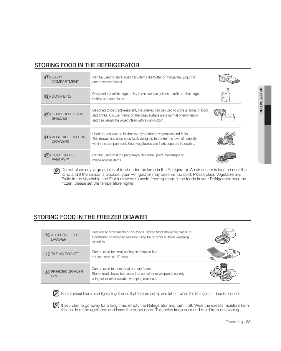 Storing food in the refrigerator, Storing food in the frezer drawer, Storing food in the freezer drawer | Samsung RF266 User Manual | Page 23 / 40