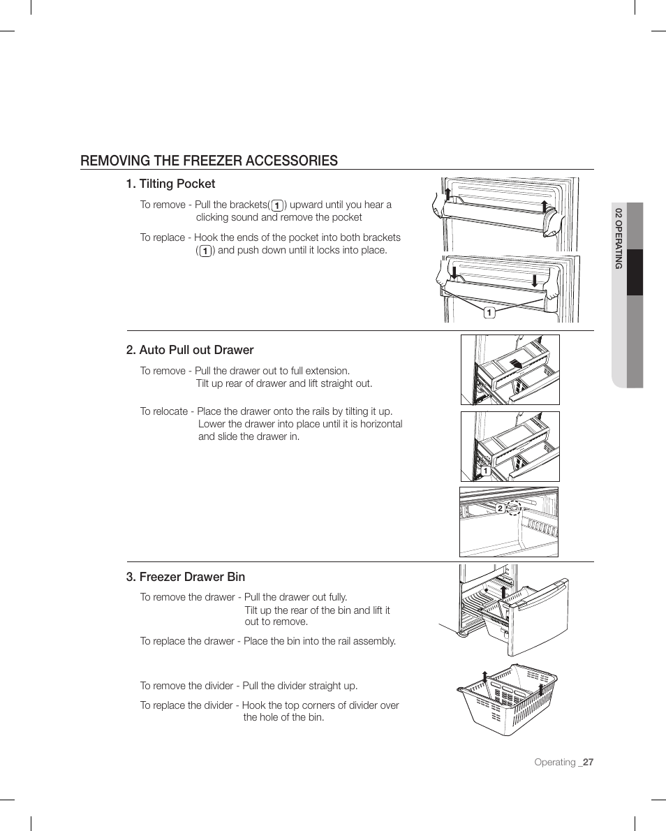 Removing the freezer accessories, Tilting pocket, Auto pull out drawer | Freezer drawer bin | Samsung RF266 User Manual | Page 27 / 40