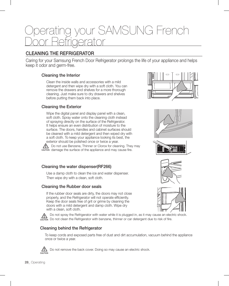 Cleaning the refrigerato r, Operating your samsung french door refrigerator, 2 inch | Cleaning the refrigerator | Samsung RF266 User Manual | Page 28 / 40