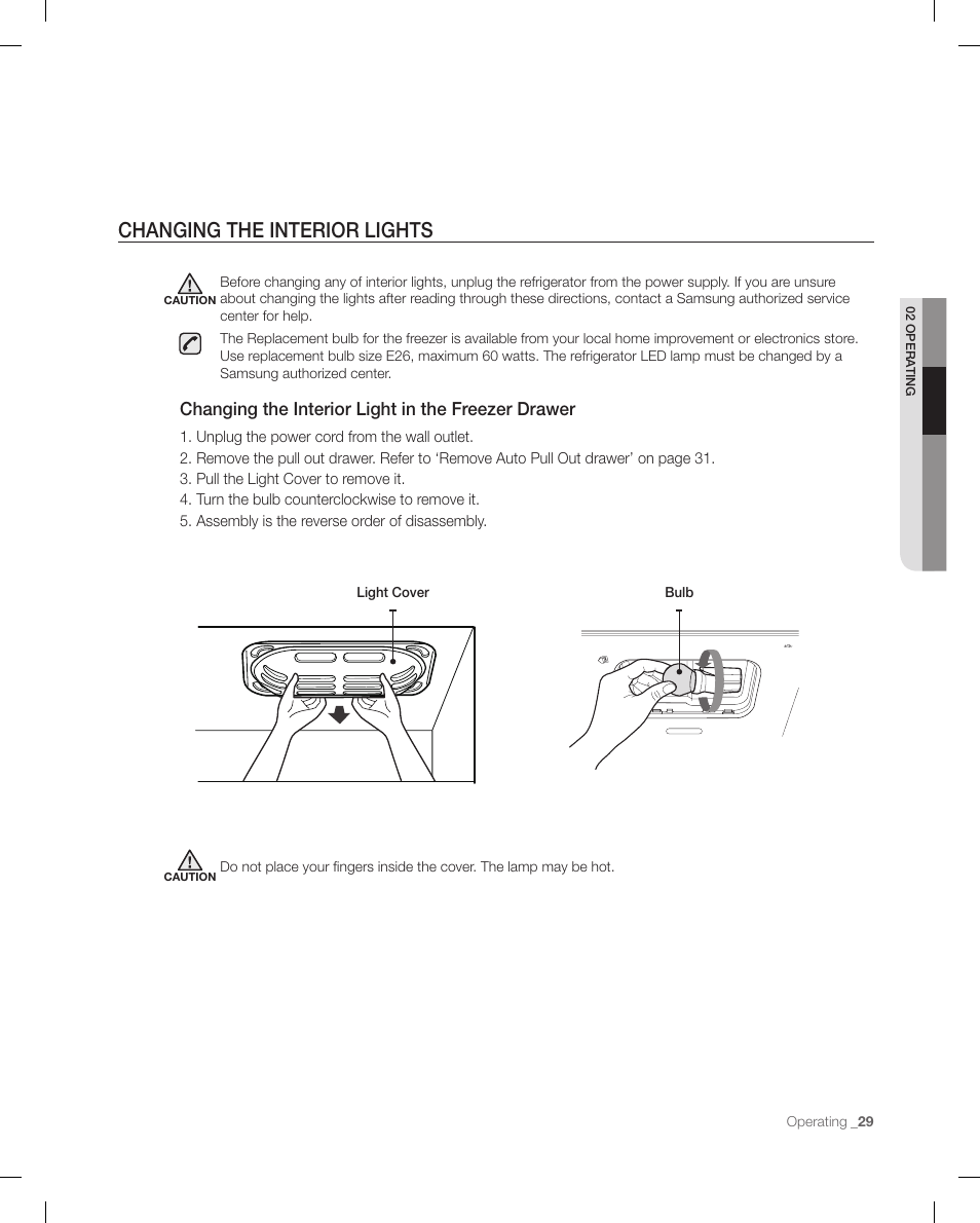 Changing the interior lights, Changing the interior light in the freezer drawer | Samsung RF266 User Manual | Page 29 / 40