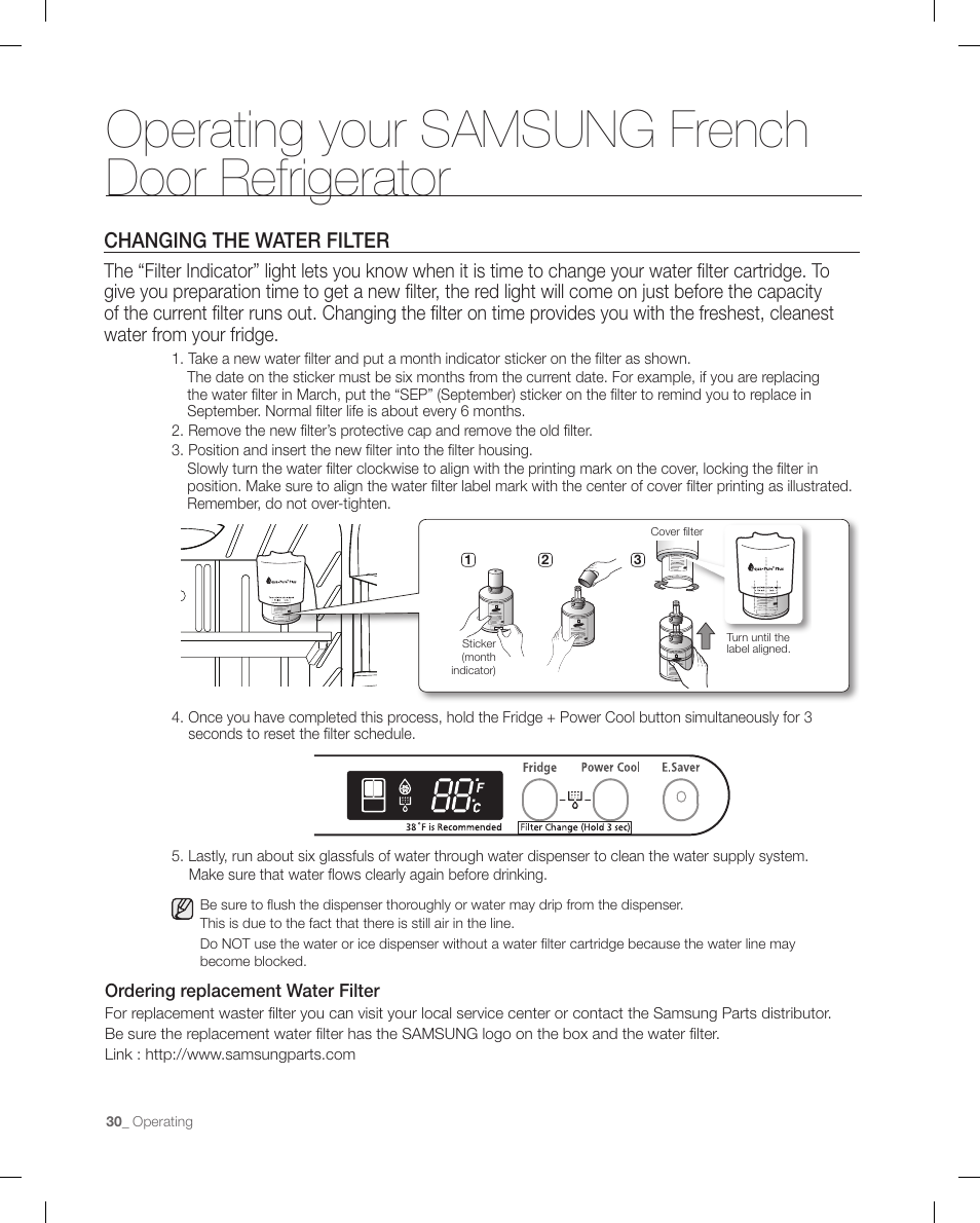 Changing the wat er filter, Operating your samsung french door refrigerator | Samsung RF266 User Manual | Page 30 / 40