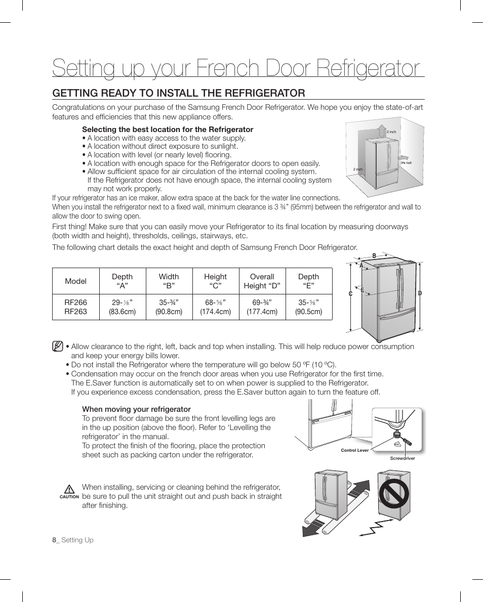 Setting up your french door refrigerator, Getting ready to insta ll the refrigerator, Getting ready to install the refrigerator | Samsung RF266 User Manual | Page 8 / 40