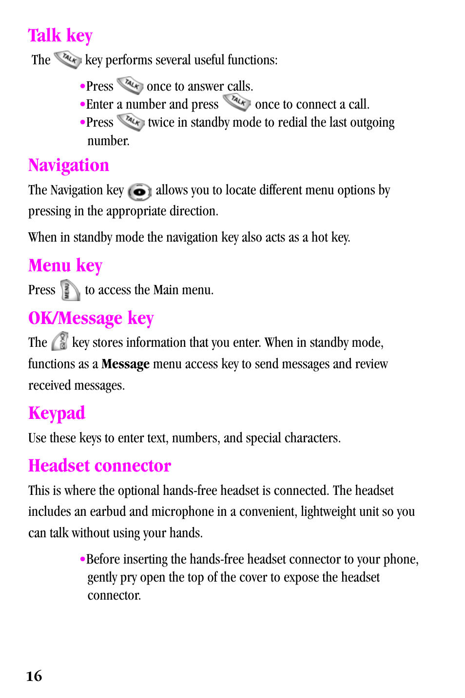 Talk key, Navigation, Menu key | Ok/message key, Keypad, Headset connector | Samsung SPH-a500 Series User Manual | Page 16 / 109