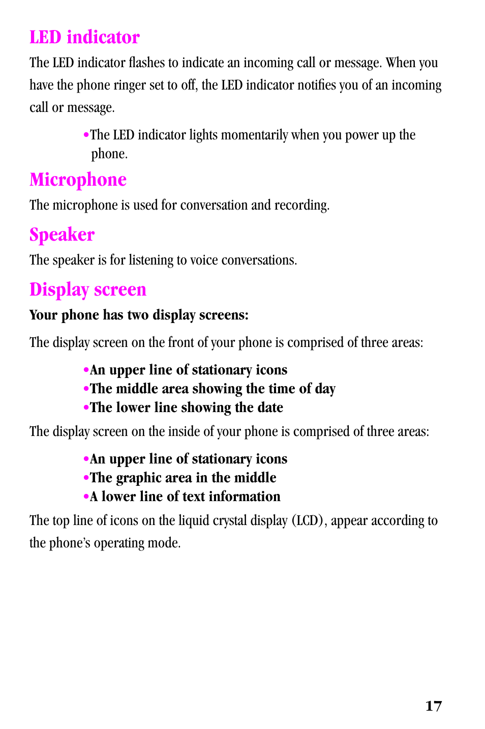 Led indicator, Microphone, Speaker | Display screen | Samsung SPH-a500 Series User Manual | Page 17 / 109