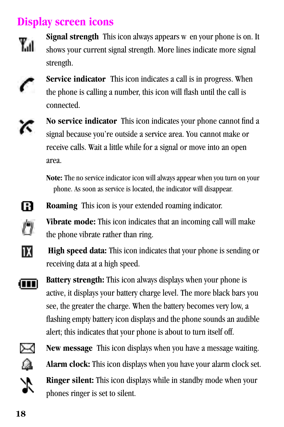 Display screen icons | Samsung SPH-a500 Series User Manual | Page 18 / 109