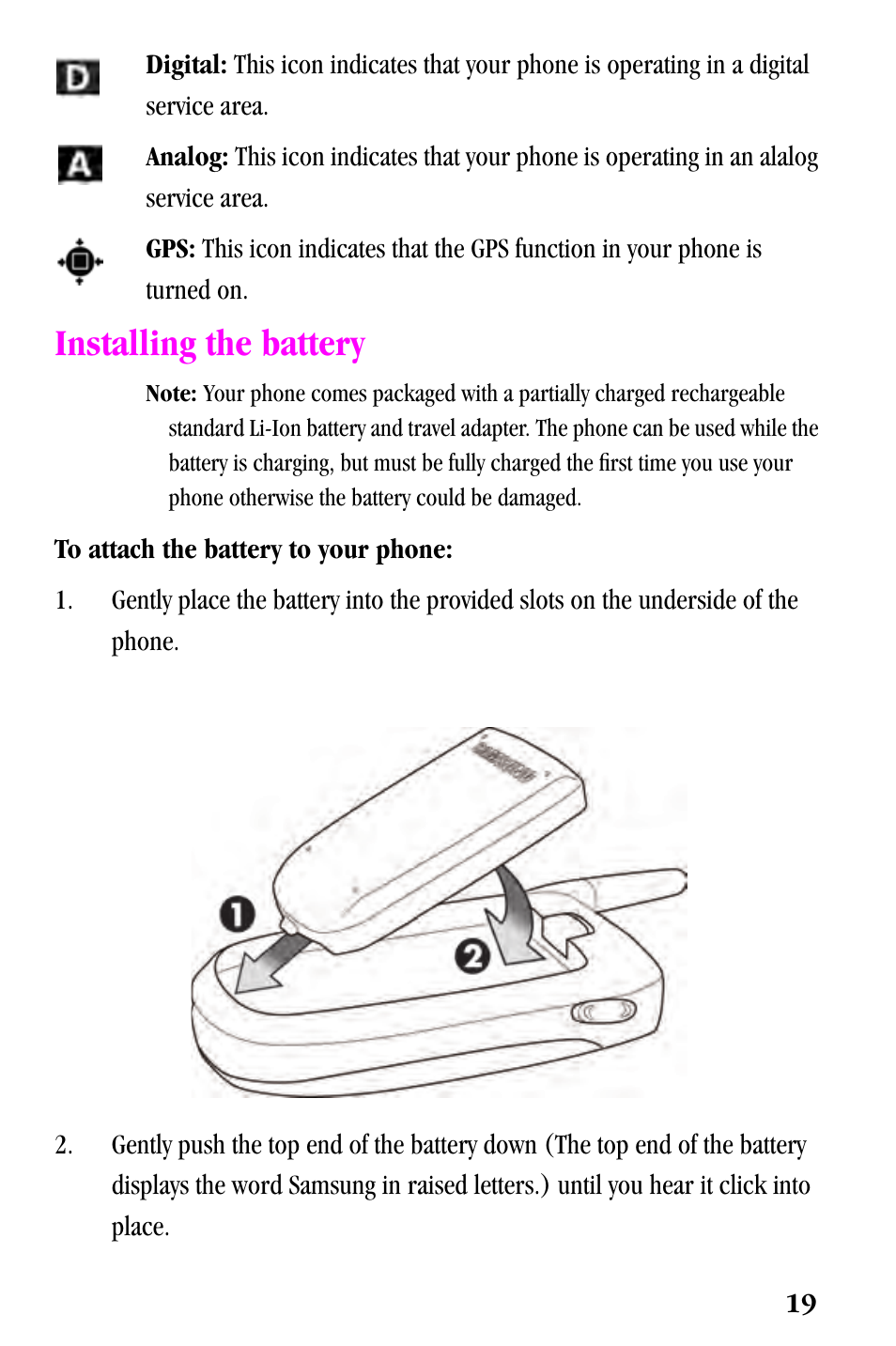 Installing the battery | Samsung SPH-a500 Series User Manual | Page 19 / 109