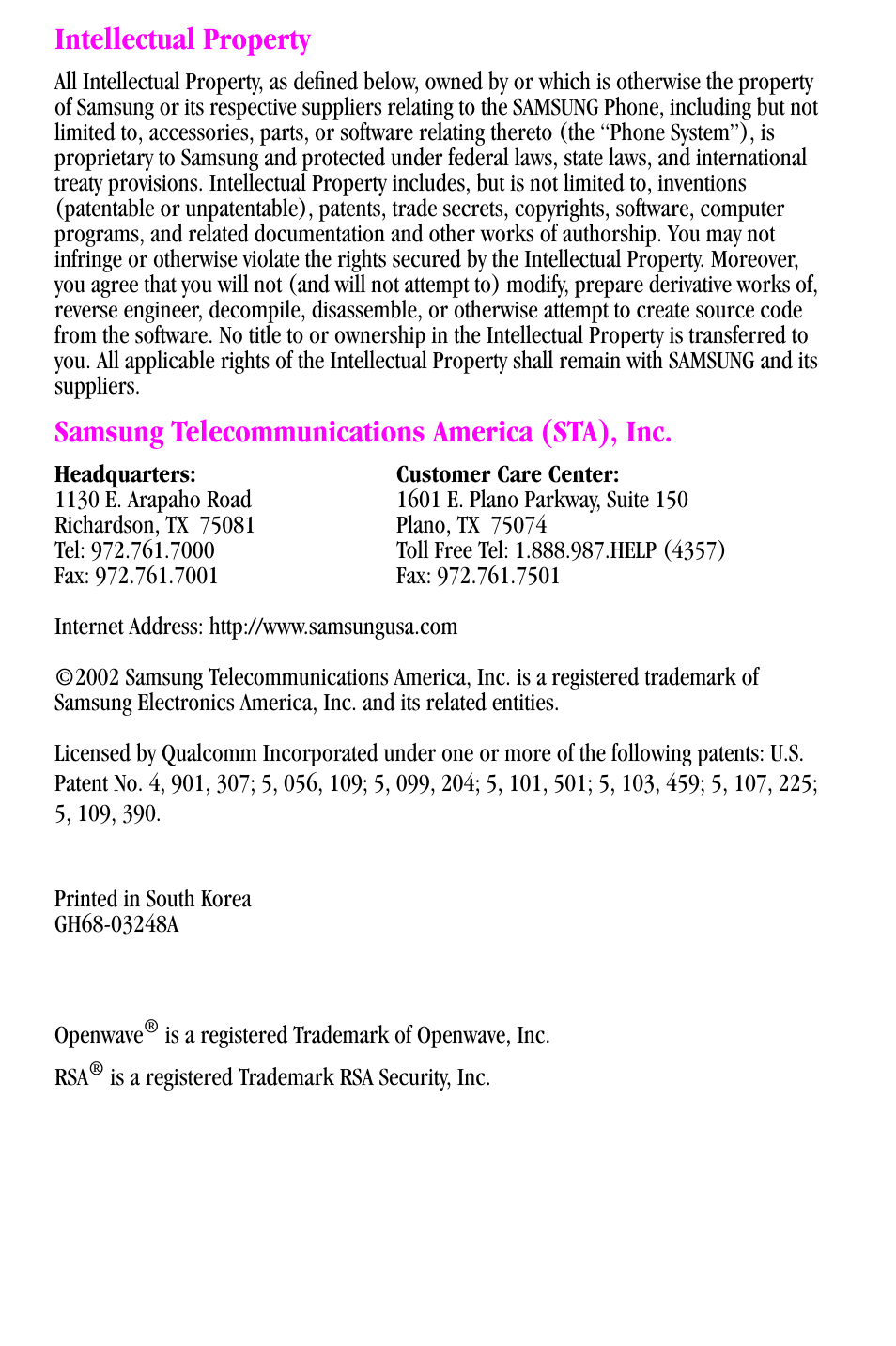 Intellectual property, Samsung telecommunications america (sta), inc | Samsung SPH-a500 Series User Manual | Page 2 / 109